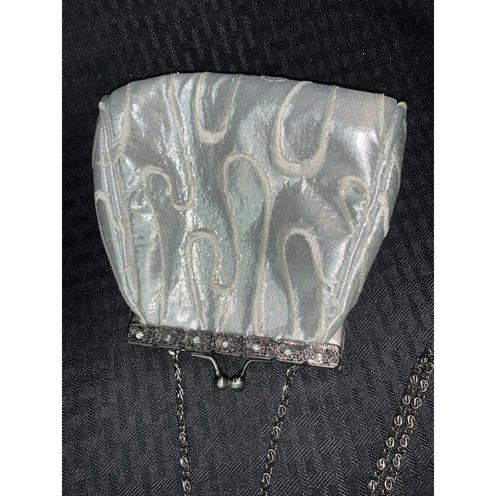 Purse Evening Bag Vintage Silver Embroidered Rhinestones Prom Wedding Formal - Picture 9 of 16